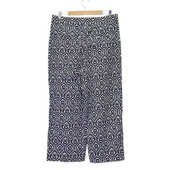 Boden Printed Crop Pants Size US 12 Geo Cascade Navy High Rise Wide Leg Trousers - Picture 3 of 13